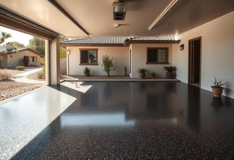 Illustration of garage floor with a glossy flake epoxy coating in a 1965-era home