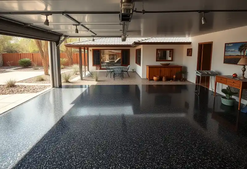 Illustration of garage floor with a glossy flake epoxy coating in a 1965-era home