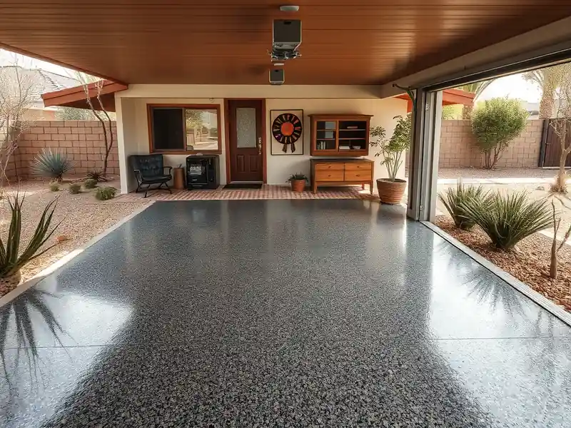 Illustration of close-up of materials and finishes of garage floor with a glossy flake epoxy coating in a 1965-era home
