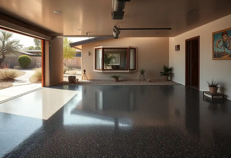 Illustration of garage floor with a glossy flake epoxy coating in a 1965-era home
