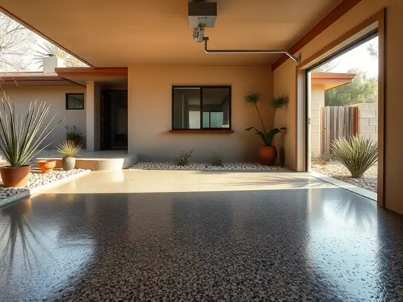 Illustration of close-up of materials and finishes of garage floor with a glossy flake epoxy coating in a 1965-era home