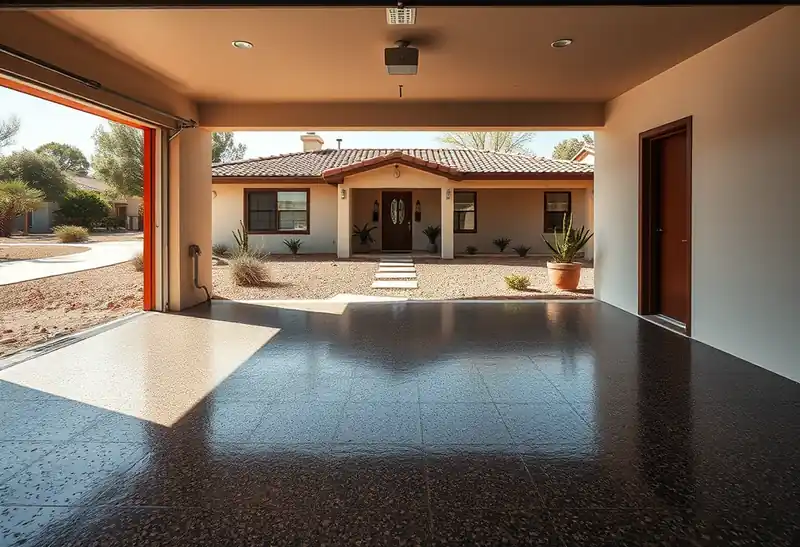 Illustration of garage floor with a glossy flake epoxy coating in a 1965-era home