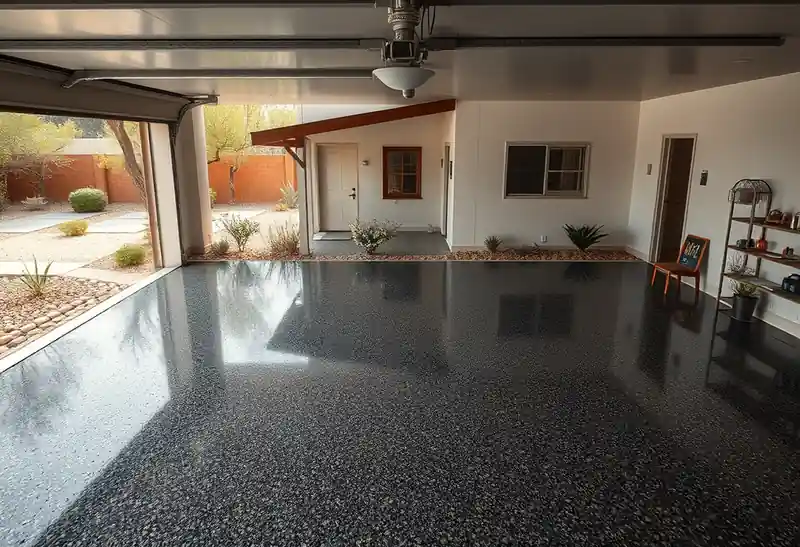 Illustration of garage floor with a glossy flake epoxy coating in a 1965-era home
