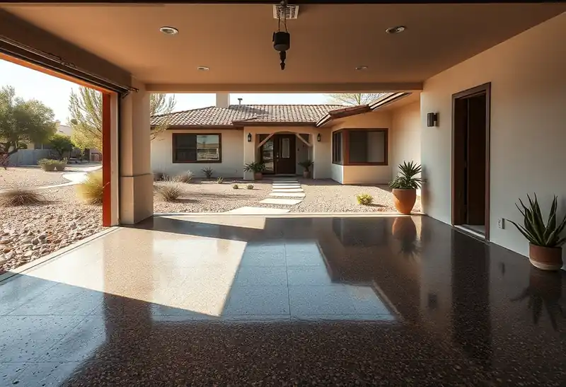 Illustration of garage floor with a glossy flake epoxy coating in a 1965-era home