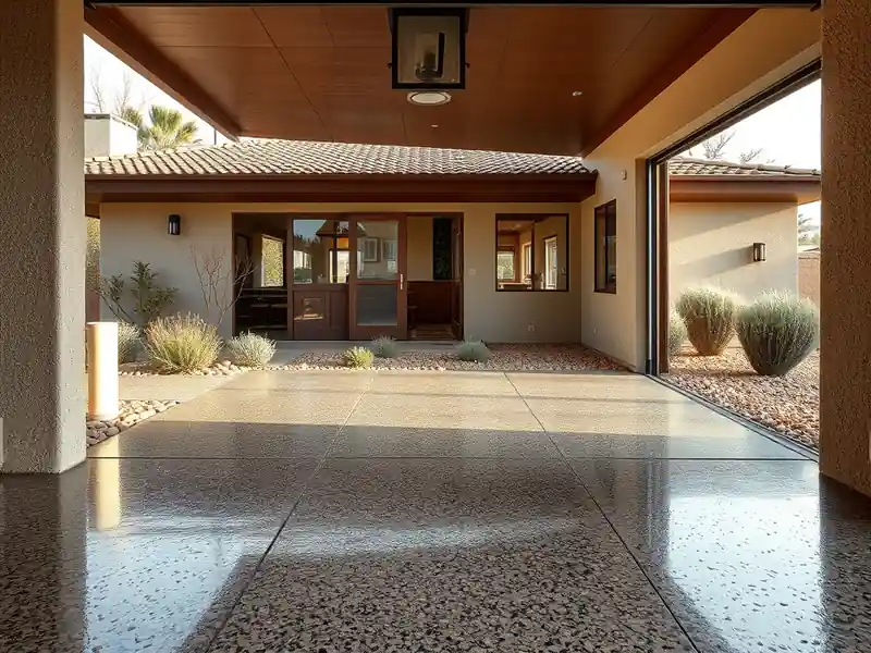 Illustration of close-up of materials and finishes of garage floor with a glossy flake epoxy coating in a 1965-era home