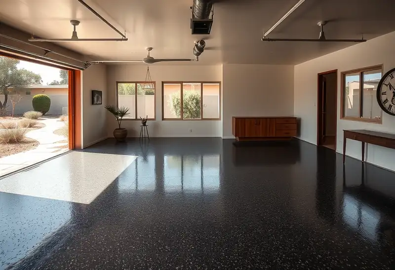 Illustration of garage floor with a glossy flake epoxy coating in a 1965-era home