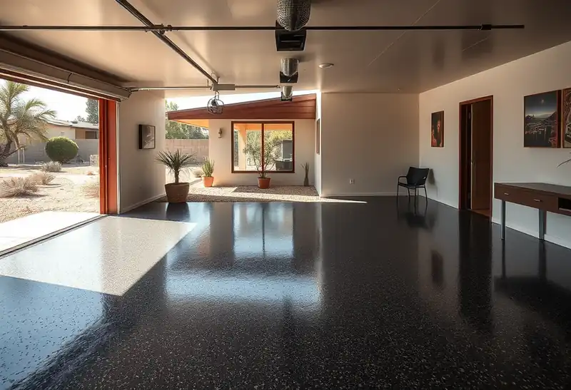 Illustration of garage floor with a glossy flake epoxy coating in a 1965-era home
