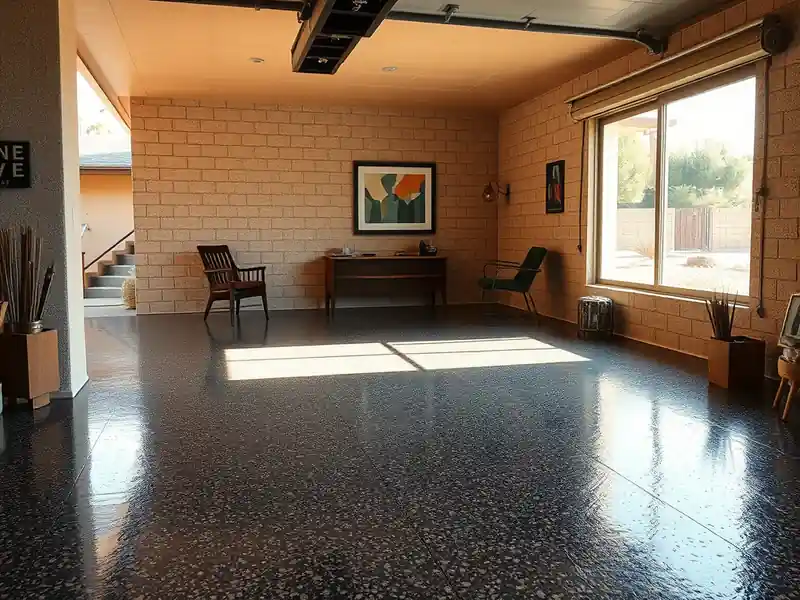 Illustration of close-up of materials and finishes of garage floor with a glossy flake epoxy coating in a 1965-era home