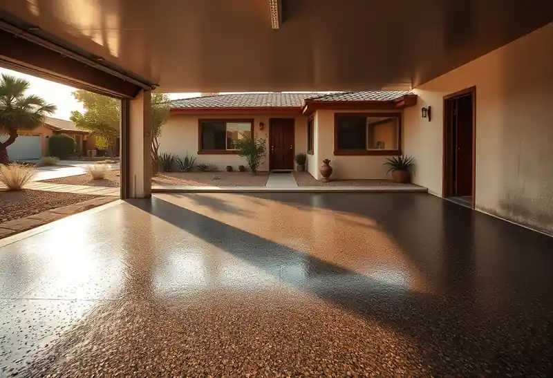 Illustration of garage floor with a glossy flake epoxy coating in a 1965-era home