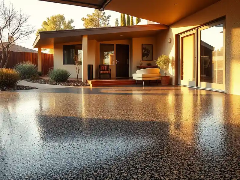 Illustration of close-up of materials and finishes of garage floor with a glossy flake epoxy coating in a 1965-era home