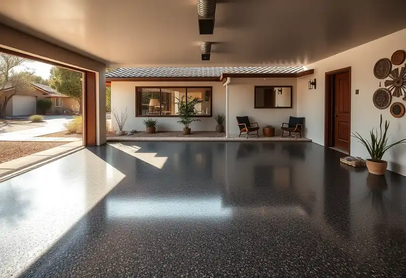 Illustration of garage floor with a glossy flake epoxy coating in a 1965-era home