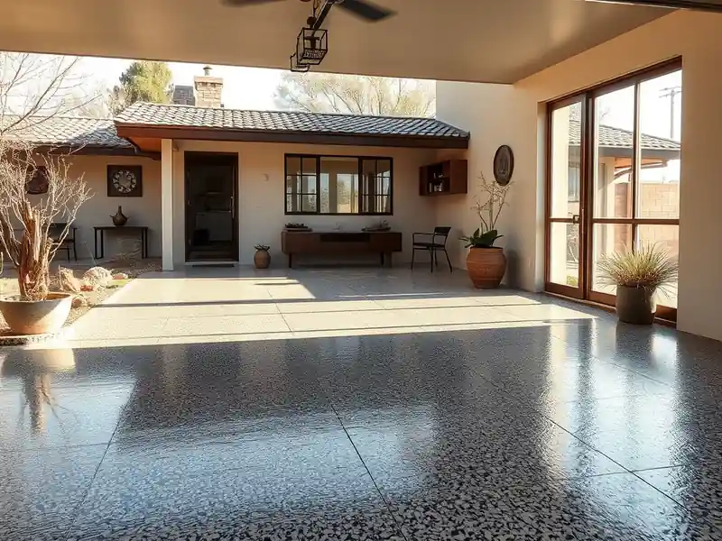 Illustration of close-up of materials and finishes of garage floor with a glossy flake epoxy coating in a 1965-era home