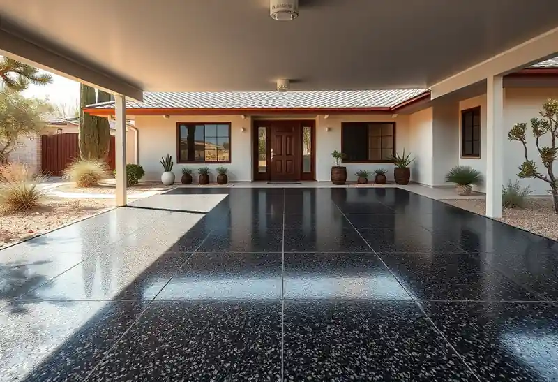 Illustration of garage floor with a glossy flake epoxy coating in a 1965-era home