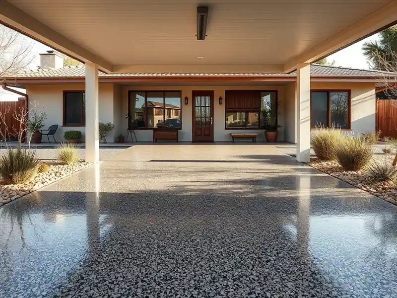 Illustration of close-up of materials and finishes of garage floor with a glossy flake epoxy coating in a 1965-era home